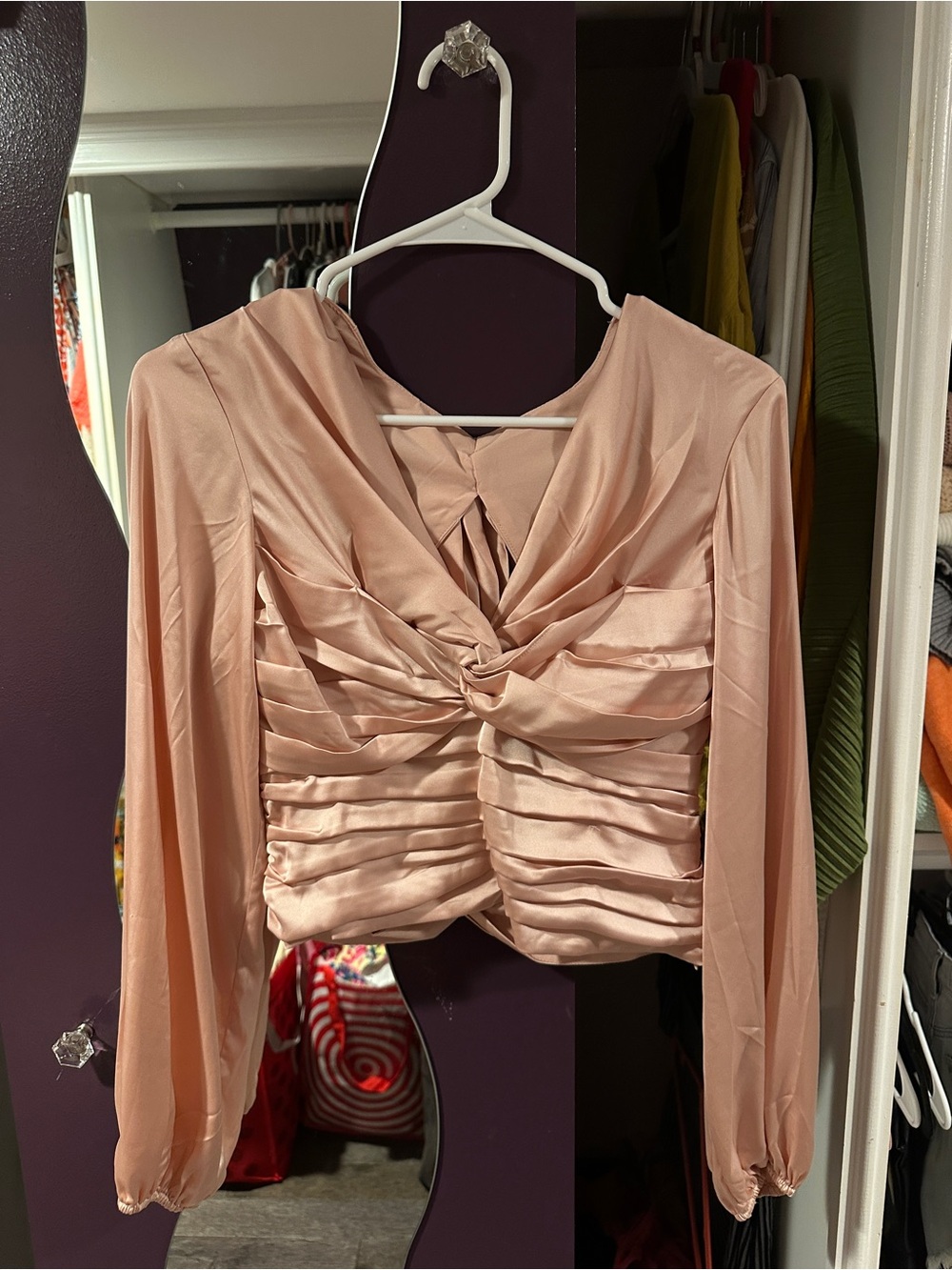Express Satin Peach Twist-Front Long Sleeve Blouse
